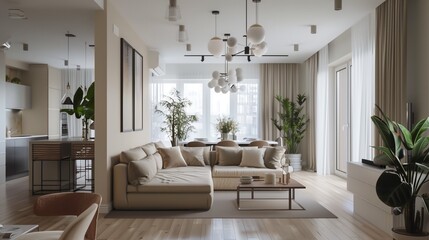 Fototapeta premium Moscow, Russia - June 2, 2024 The interior of the spacious rectangular living room in European style . Living room with dining area in a minimalistic design .