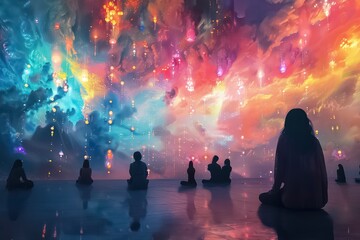 people and dreams concept. A group of people from different walks of life, each presenting their dreams in a vibrant, surreal landscape. 
