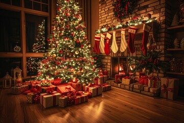 Festive Christmas Tree with Gifts and Stockings, Illuminated Fireplace in the Background, Cozy Living Room Decoration