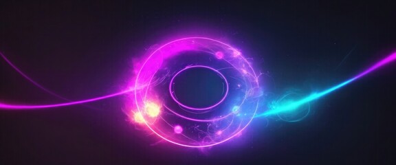 Obraz premium Circle and loop frames with magic Cyan and pink flame and sparks on dark background, Abstract neon energy sphere of particles and waves of magical glowing on a dark background