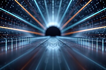 A tunnel with a bright orange and blue light shining through it