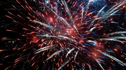 A vibrant image of an explosive fireworks display featuring red, white, and blue colors, illuminating the night sky and bringing a sense of celebration and joy.