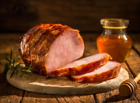 Close up of cutted Ham glazed with Honey. Kitchen Backdrop.