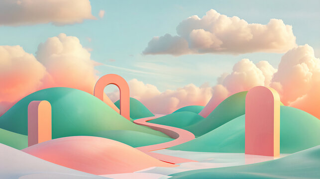 A Memphis-inspired dreamscape with a geometric podium: A soft pastel sky with fluffy clouds. Below, rolling hills and a winding river unfold. A geometric podium, reminiscent of Memphis furniture,