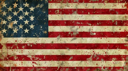 An old, worn-out American flag with visible grunge and texture effects, symbolizing history, resilience, and patriotism in a vintage artistic style.