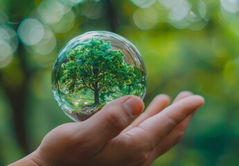 Hand Holding a Globe with a Tree Inside, Symbolizing Earth and Nature