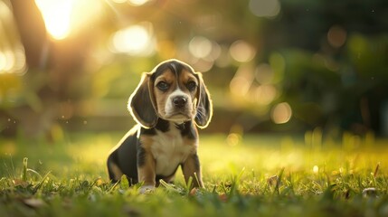 Tricolor beagle puppy in garden at sunrise with copy space