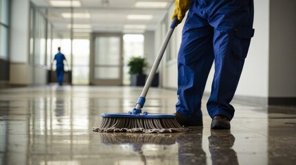 Janitor mopping an office floor shallow focus tilt shi