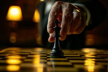 Businessman's Hand Placing Chess Piece on Checkered Board
