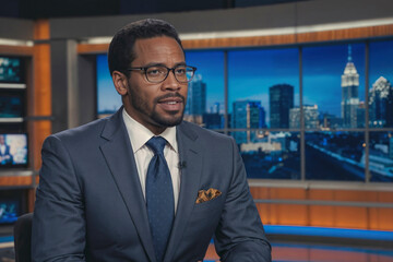 Fototapeta premium Anchorman reporting tv live news evening program