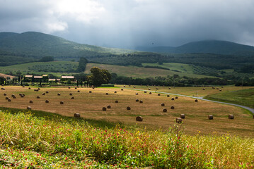 Obraz premium Landschaft in der Toskana mit Felder un Hügeln im Frühjahr bei Regenwetter, 