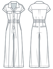 Wide Leg Jumpsuit technical fashion Illustration. Jumpsuit fashion flat technical drawing template, pocket, buttons,  relaxed fit, front and back view, white, women, men, unisex CAD mockup set.