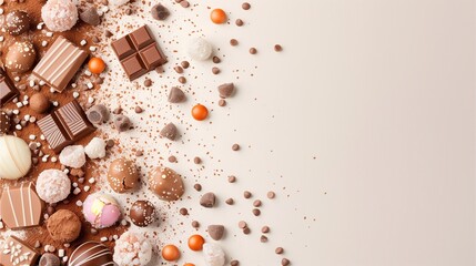 A delicious chocolate squares studded on plain background with space for text.