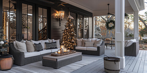 Classic outdoor living sofa lounge white black veranda porch Christmas tree decor sunroom exterior country chic luxury farmhouse entrance patio house traditional contemporary modern veranda entertain