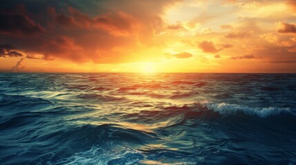 A stunning sunset over the ocean, showcasing vibrant colors in the sky with dramatic clouds and waves, creating a breathtaking and serene seascape scene.
