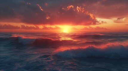 Obraz premium A glorious sunset casting a golden glow across rolling ocean waves, enhancing the vibrant colors in the sky and creating a warm, stunning natural scene.