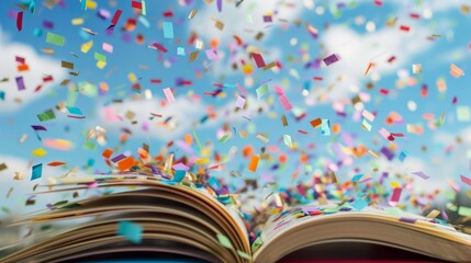 An artistic image featuring an open book from which an array of vibrant confetti bursts into the sky, representing the boundless imagination and unlimited potential within books.