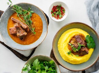 Two traditional dishes served in bowls, one featuring stewed meat over corn puree,