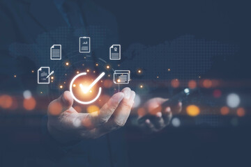 Document management system (DMS) technology, businessman use laptop with database folder online to store files document data digital. file storage process with security. document system concept.