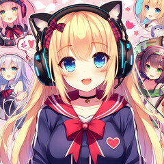 cute blonde anime character vtuber wearing gaming headphones featuring anime illustrations