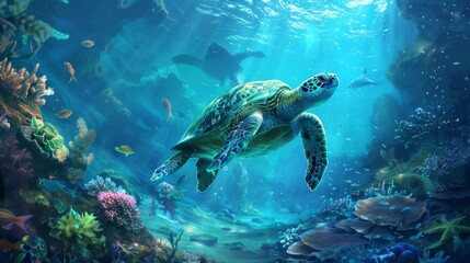 Hermosa y tranquila imagen de una tortuga nadando en un sereno arrecife de coral con aguas cristalinas, que muestra la tranquila armon&iacute;a y esplendor del mundo submarino.