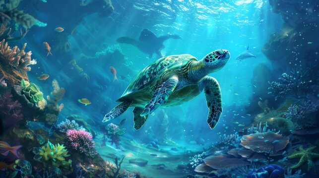 Hermosa y tranquila imagen de una tortuga nadando en un sereno arrecife de coral con aguas cristalinas, que muestra la tranquila armon&iacute;a y esplendor del mundo submarino.