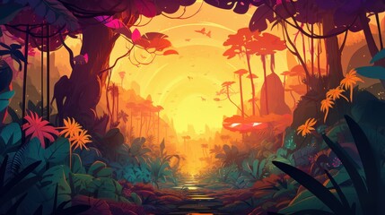Magical fantasy forest landscape with glowing plants, sun and river, digital art illustration. Concept of fairytale, adventure, dreamscape, nature