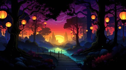 Enchanted Forest at Sunset. A Magical Landscape with Glowing Lanterns