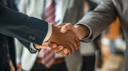 A close-up image capturing a professional handshake between two individuals dressed in business attire, symbolizing cooperation, agreement, and partnership in a business setting.