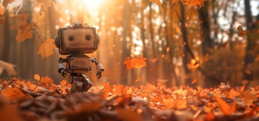 Robot Exploring Autumn Forest