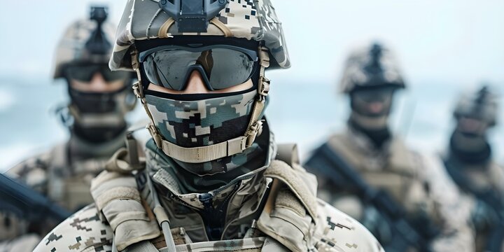 Elite marine unit conducts amphibious assault on coastal installation in camo gear. Concept Military Operations, Amphibious Assault, Special Forces, Camouflage Gear, Coastal Installation