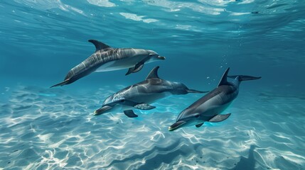 Naklejka premium A captivating image of three dolphins swimming gracefully underwater in clear, turquoise oceanic water, showcasing the beauty of marine life and underwater ecosystems.