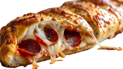  A close-up shot of a pepperoni stromboli, with the cheese oozing out and the pepperoni perfectly crispy, on a transparent background
