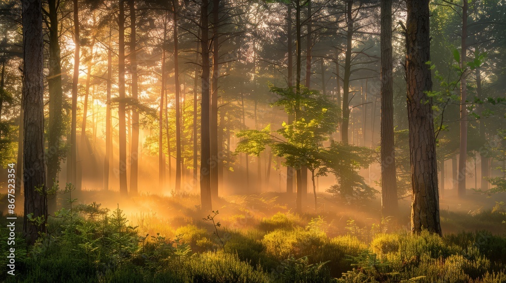 Sticker the forest at dawn, with mist hanging in the air and the first light of day breaking through the tre