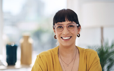 Business woman, face and glasses in office for career, company and work with confident smile. Entrepreneur, happy and eyewear in workplace for creative agency, startup and job as event planning