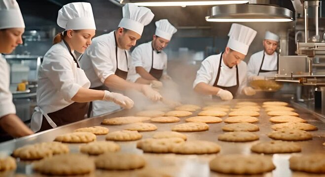 Workers make cakes in a biscuit manufacturing factory. Food industry. Cake production