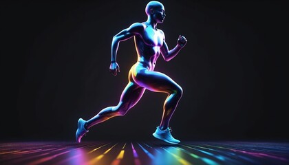 Colorful holographic human runner sport on dark background. AI-generated 