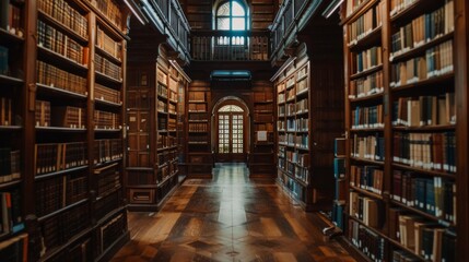 Obraz premium An elegant, old library with towering bookshelves filled with richly bound books and ornate woodwork, evoking a sense of history, grandeur, and intellectual pursuit.