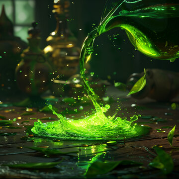 Elf Leaf Extract being poured into a potion with radiant green light