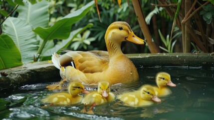 A big yellow mom duck with five little yellow baby ducks swimming together in a garden pool, surrounded by lush greenery.