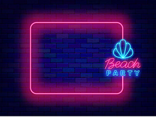 Beach party neon announcement. Holiday greeting card. Empty pink frame and typography with shell. Vector illustration