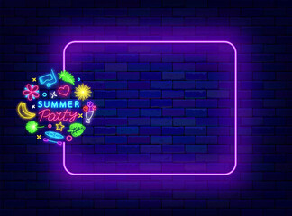 Summer party neon greeting card. Circle layout with season icons. Shiny holiday promotion. Vector stock illustration