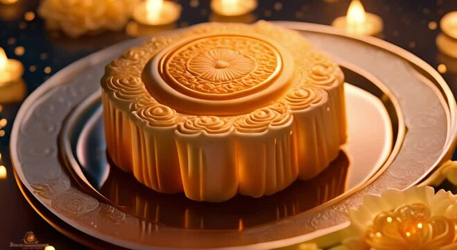Golden mooncakes on a plate. Traditional Chinese food moon cake