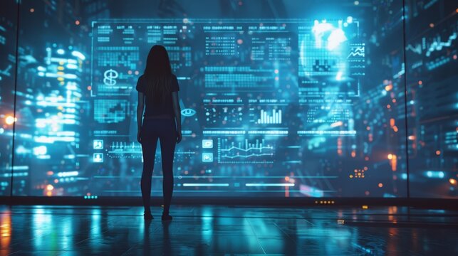 Futuristic Cyber Cityscape with Silhouetted Human Figure