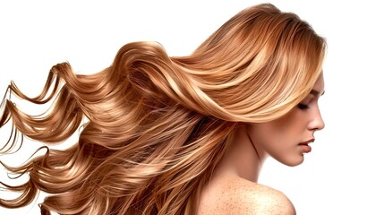 Beautiful flowing blonde hair in motion. Conceptual photo depicts hair care and beauty. High-quality image ideal for hair products and beauty advertisements. Professional stock photo. AI