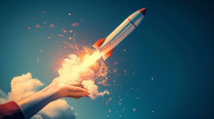 Explosive Rocket Launch with Sparks and Clouds