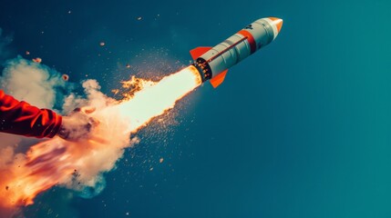 Obraz premium High-Speed Rocket Launch with Smoke Trail