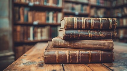 A classic scene featuring leather books stacked on a wooden table indoors, highlighting the richness, wisdom, and artistic elegance associated with these timeless treasures.