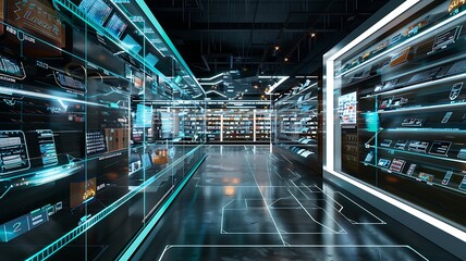 Fototapeta premium A futuristic retail environment with integrated digital screens and smart technology, illustrating the concept of omnichannel retailing