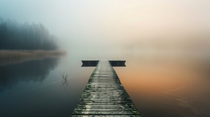 Fototapeta premium A tranquil scene featuring a wooden dock stretching out into a still lake, with a backdrop of fog enveloping the surroundings, creating a peaceful and serene environment.